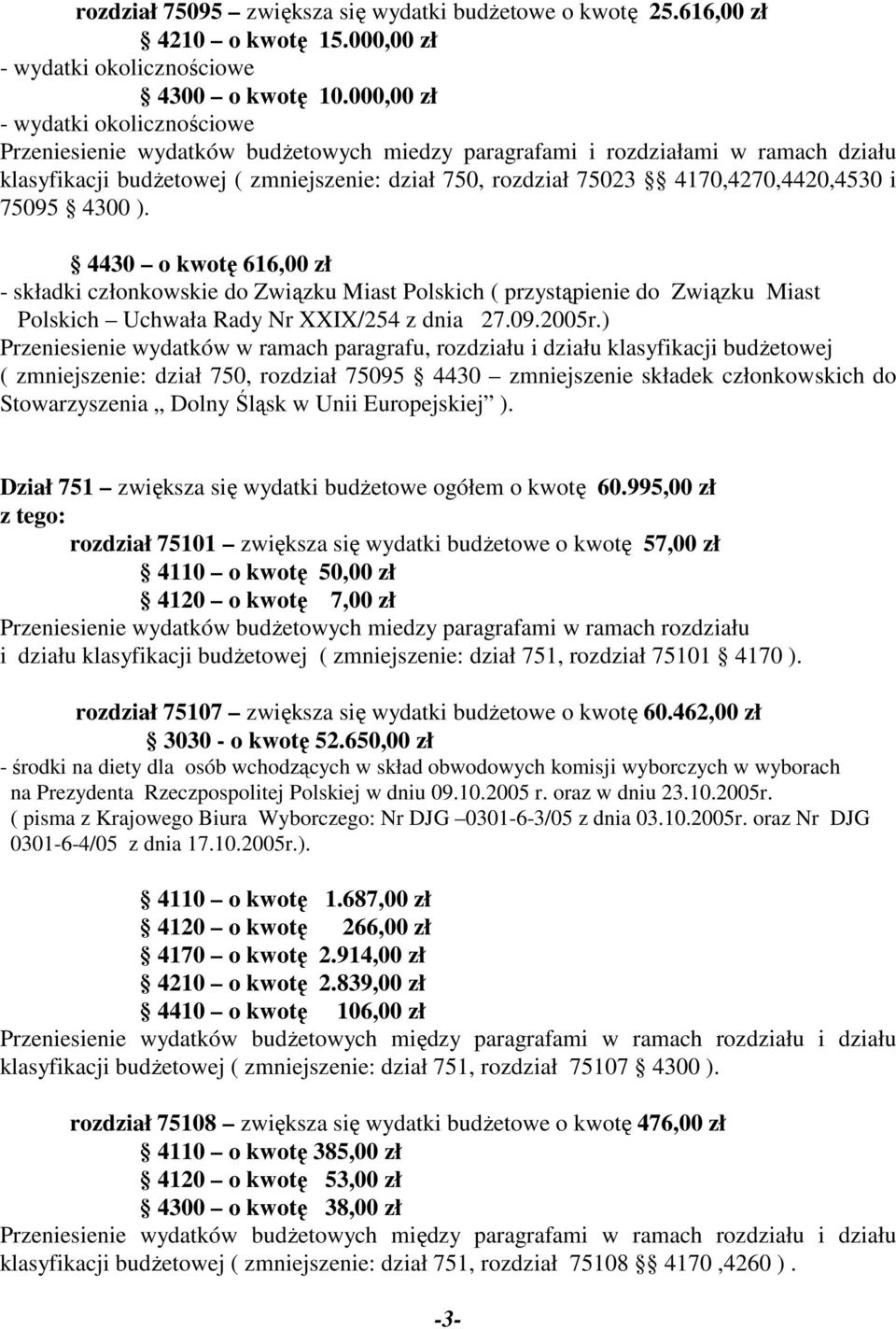 4170,4270,4420,4530 i 75095 4300 ). 4430 o kwotę 616,00 zł - składki członkowskie do Związku Miast Polskich ( przystąpienie do Związku Miast Polskich Uchwała Rady Nr XXIX/254 z dnia 27.09.2005r.