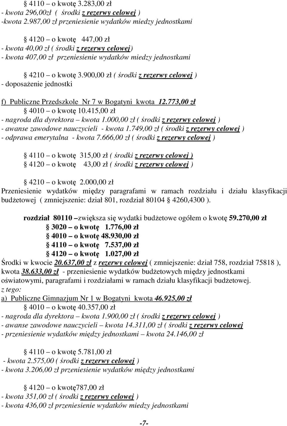 900,00 zł ( środki z rezerwy celowej ) - doposażenie jednostki f) Publiczne Przedszkole Nr 7 w Bogatyni kwota 12.773,00 zł 4010 o kwotę 10.415,00 zł - nagroda dla dyrektora kwota 1.