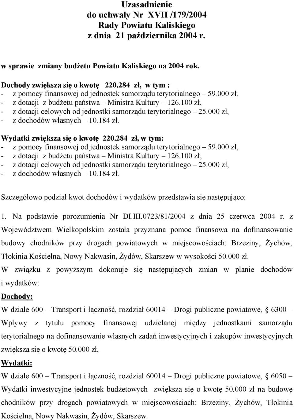 100 zł, - z dotacji celowych od jednostki samorządu terytorialnego 25.000 zł, - z dochodów własnych 10.184 zł. Wydatki zwiększa się o kwotę 220.