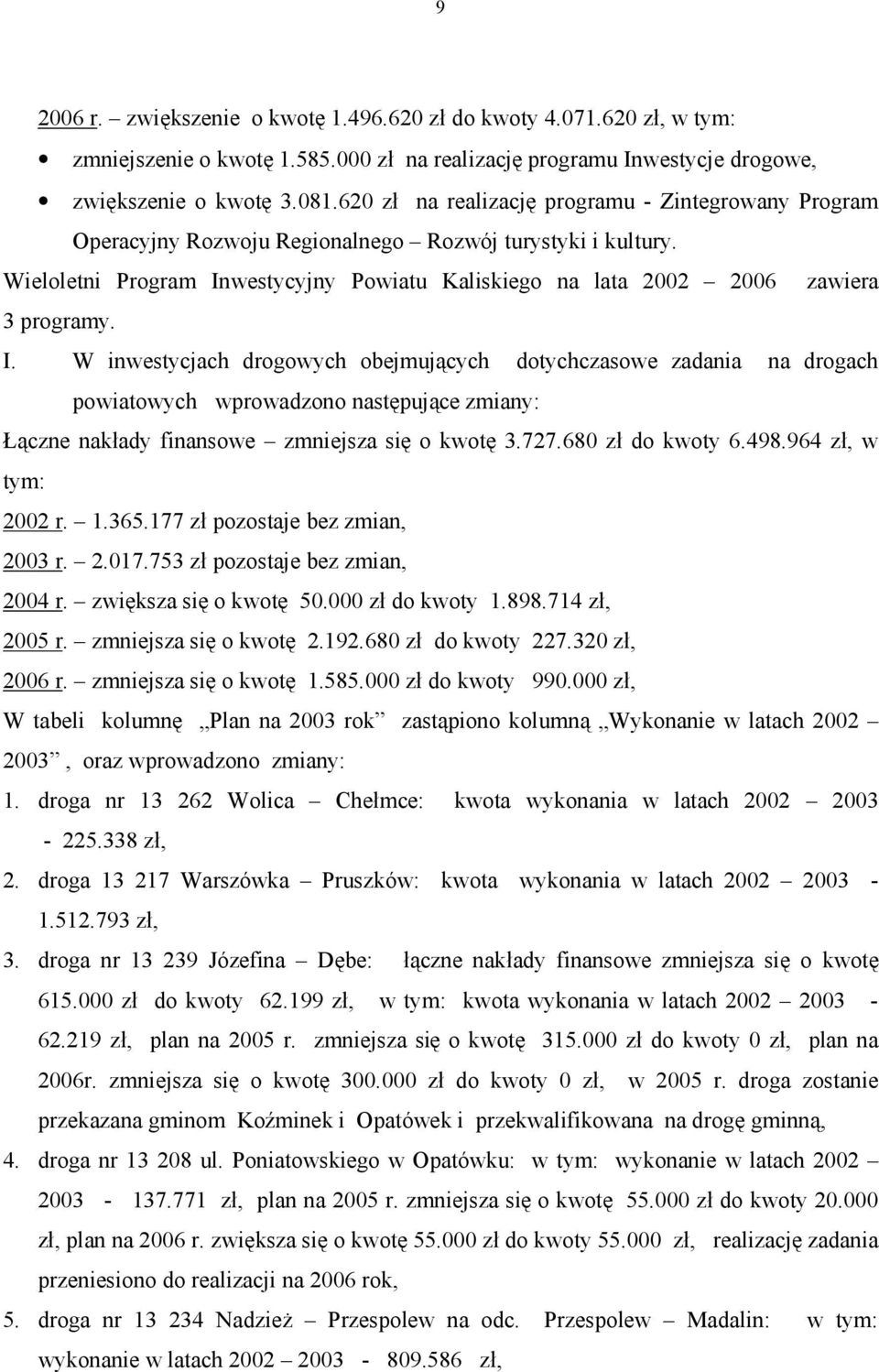 Wieloletni Program Inwestycyjny Powiatu Kaliskiego na lata 2002 2006 zawiera 3 programy. I. W inwestycjach drogowych obejmujących dotychczasowe zadania na drogach powiatowych wprowadzono następujące zmiany: Łączne nakłady finansowe zmniejsza się o kwotę 3.