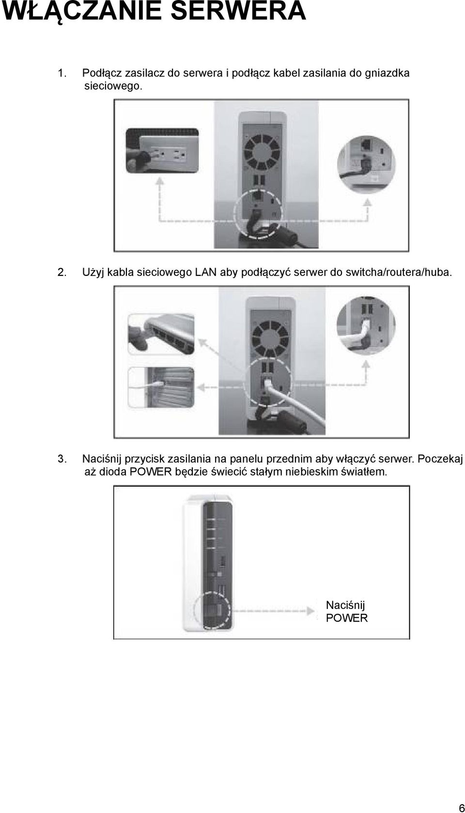 Użyj kabla sieciowego LAN aby podłączyć serwer do switcha/routera/huba. 3.