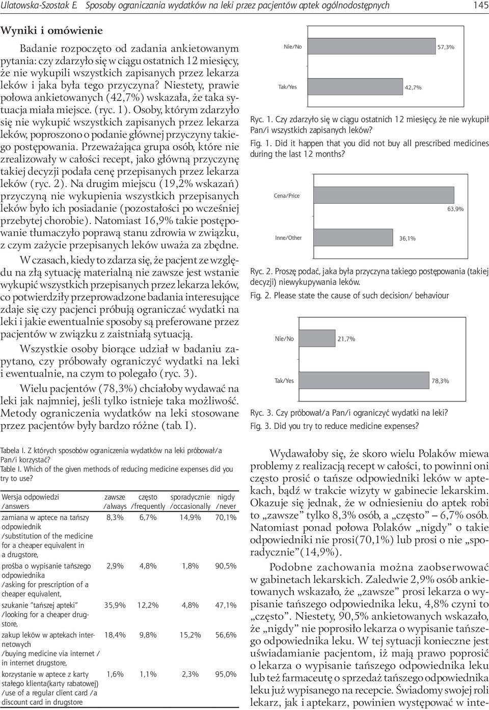 że nie wykupili wszystkich zapisanych przez lekarza leków i jaka była tego przyczyna? Niestety, prawie połowa ankietowanych (42,7%) wskazała, że taka sytuacja miała miejsce. (ryc. 1).