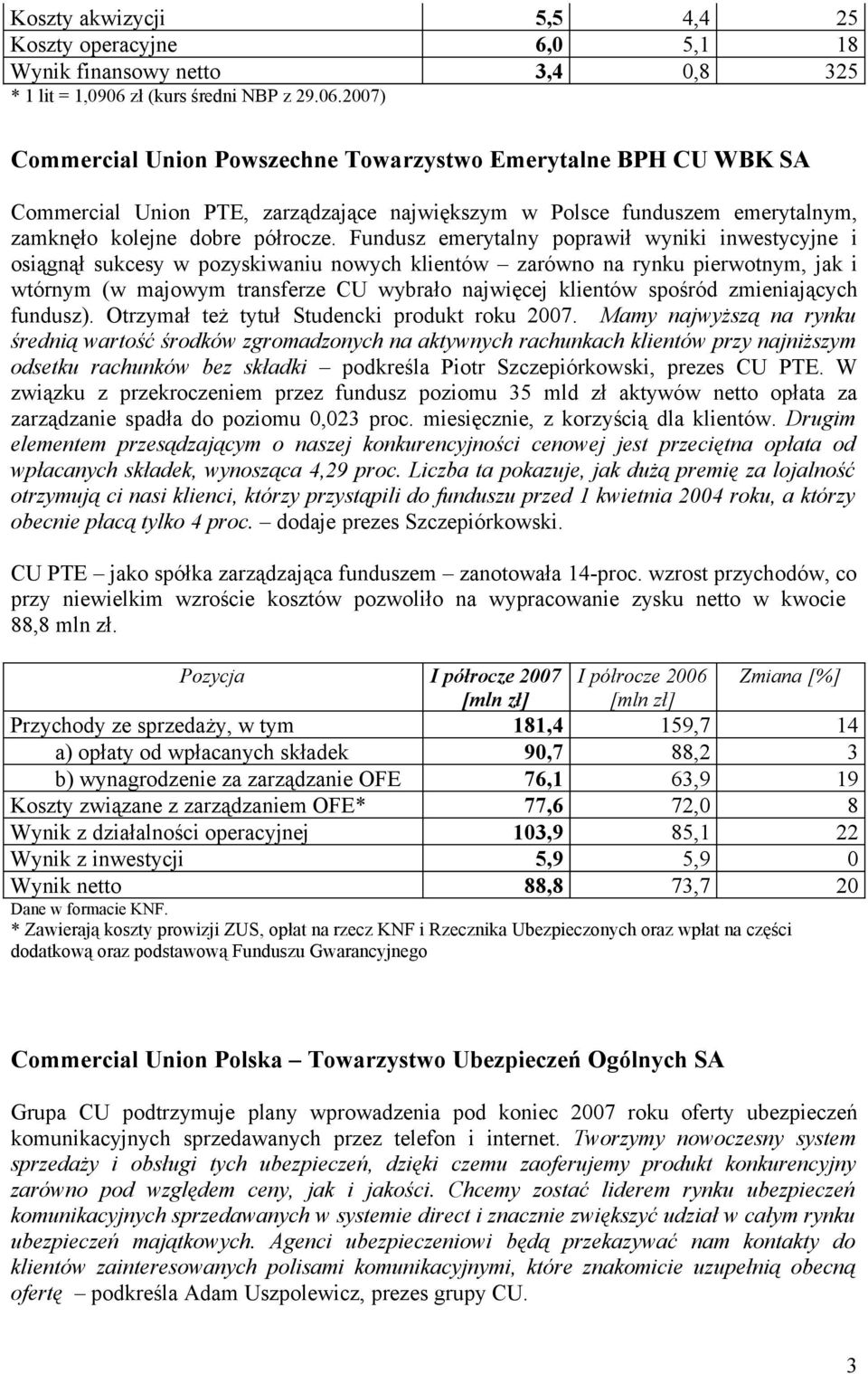 2007) Commercial Union Powszechne Towarzystwo Emerytalne BPH CU WBK SA Commercial Union PTE, zarządzające największym w Polsce funduszem emerytalnym, zamknęło kolejne dobre półrocze.