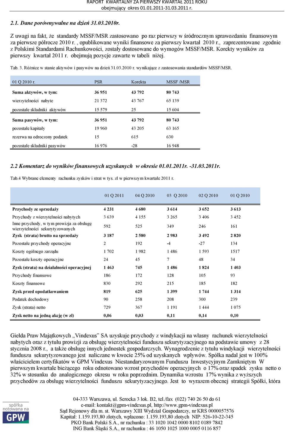 Korekty wyników za pierwszy kwartał 2011 r. obejmują pozycje zawarte w tabeli niżej. Tab. 3. Różnice w stanie aktywów i pasywów na dzień 31.03.2010 r. wynikające z zastosowania standardów MSSF/MSR.