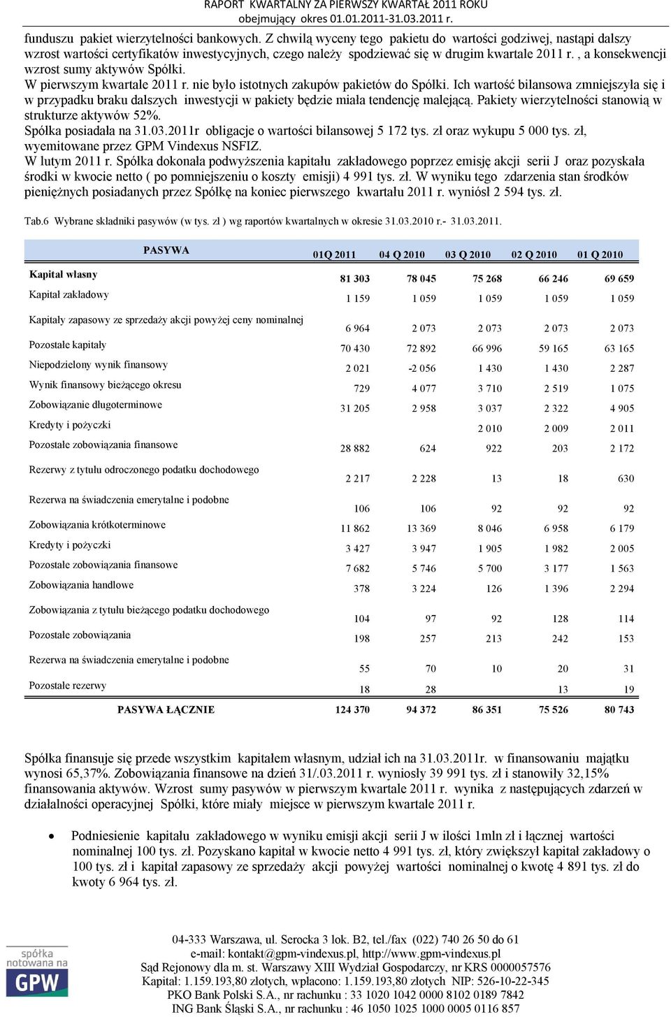 , a konsekwencji wzrost sumy aktywów Spółki. W pierwszym kwartale 2011 r. nie było istotnych zakupów pakietów do Spółki.