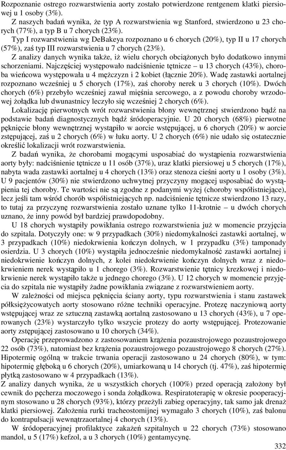 Typ I rozwarstwienia wg DeBakeya rozpoznano u 6 chorych (20%), typ II u 17 chorych (57%), zaś typ III rozwarstwienia u 7 chorych (23%).