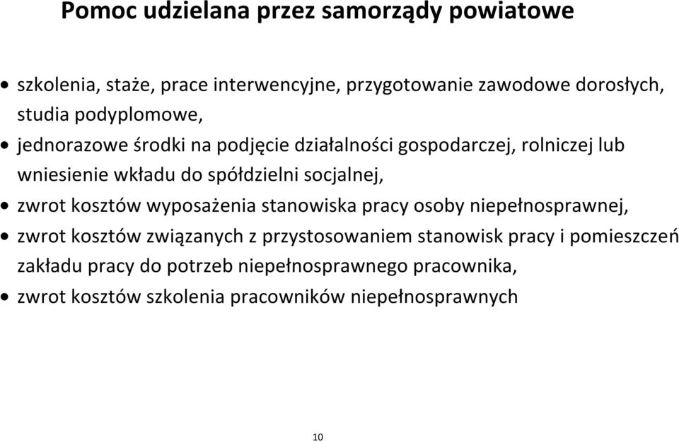 socjalnej, zwrot kosztów wyposażenia stanowiska pracy osoby niepełnosprawnej, zwrot kosztów związanych z przystosowaniem