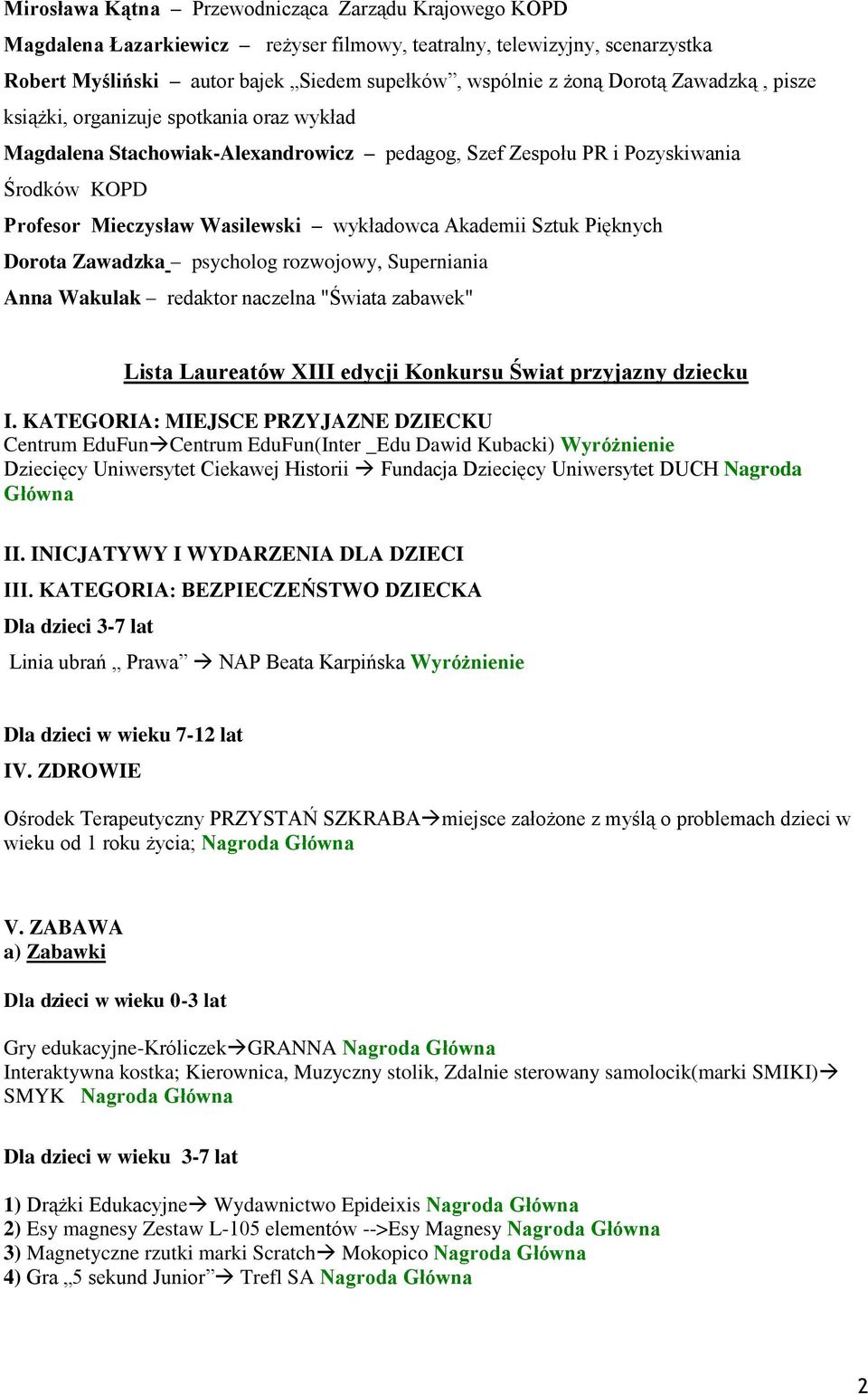 Sztuk Pięknych Dorota Zawadzka psycholog rozwojowy, Superniania Anna Wakulak redaktor naczelna "Świata zabawek" Lista Laureatów XIII edycji Konkursu Świat przyjazny dziecku I.