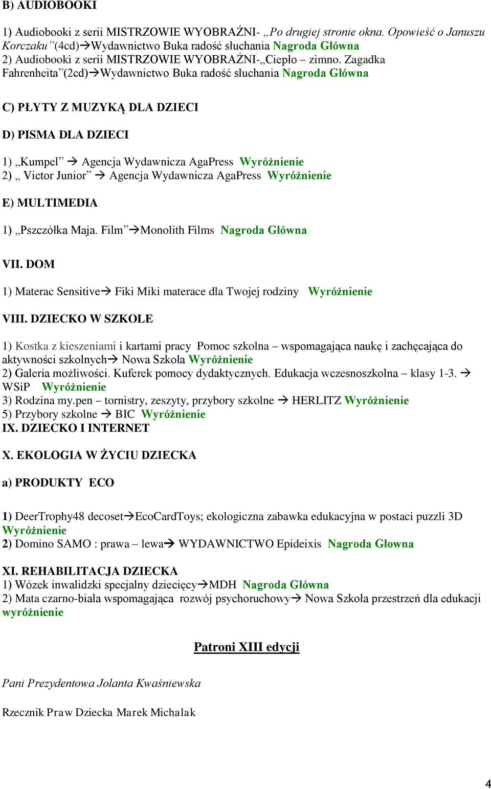 Zagadka Fahrenheita (2cd) Wydawnictwo Buka radość słuchania Nagroda Główna C) PŁYTY Z MUZYKĄ DLA DZIECI D) PISMA DLA DZIECI 1) Kumpel Agencja Wydawnicza AgaPress Wyróżnienie 2) Victor Junior Agencja