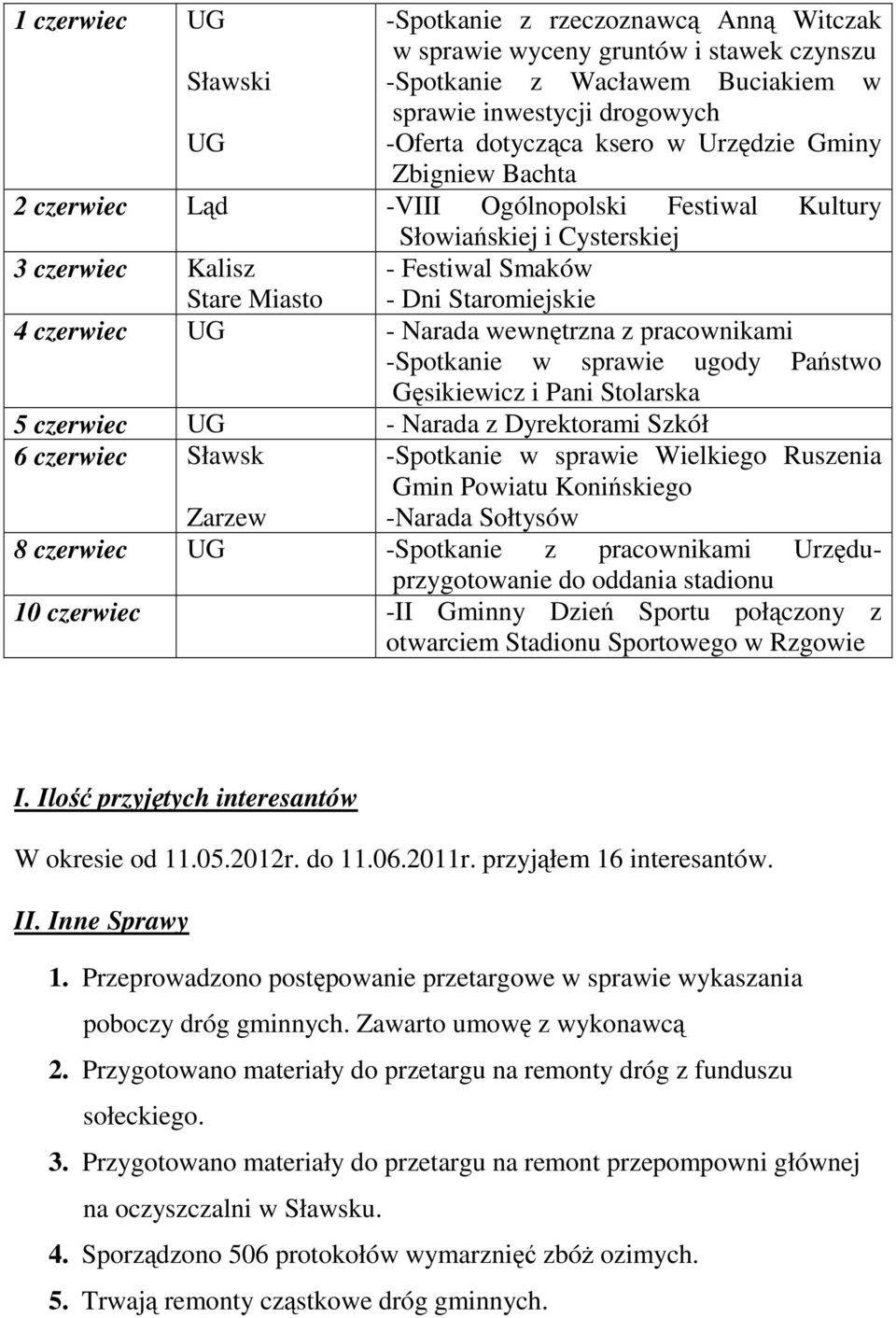 z pracownikami -Spotkanie w sprawie ugody Państwo Gęsikiewicz i Pani Stolarska 5 czerwiec - Narada z Dyrektorami Szkół 6 czerwiec Sławsk -Spotkanie w sprawie Wielkiego Ruszenia Gmin Powiatu