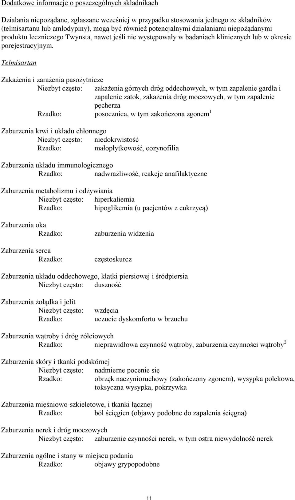 Telmisartan Zakażenia i zarażenia pasożytnicze Niezbyt często: zakażenia górnych dróg oddechowych, w tym zapalenie gardła i zapalenie zatok, zakażenia dróg moczowych, w tym zapalenie pęcherza Rzadko: