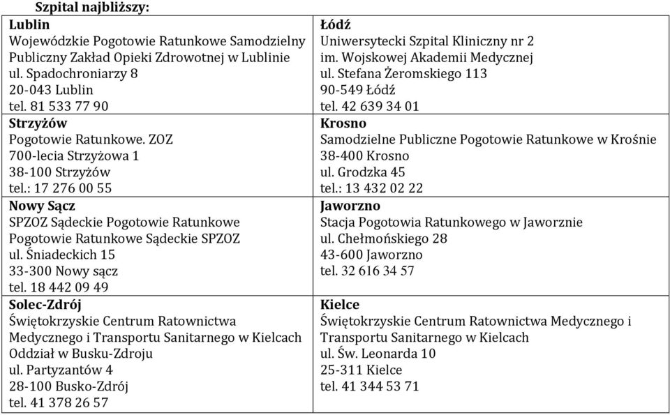 18 442 09 49 Solec-Zdrój Świętokrzyskie Centrum Ratownictwa Medycznego i Transportu Sanitarnego w Kielcach Oddział w Busku-Zdroju ul. Partyzantów 4 28-100 Busko-Zdrój tel.