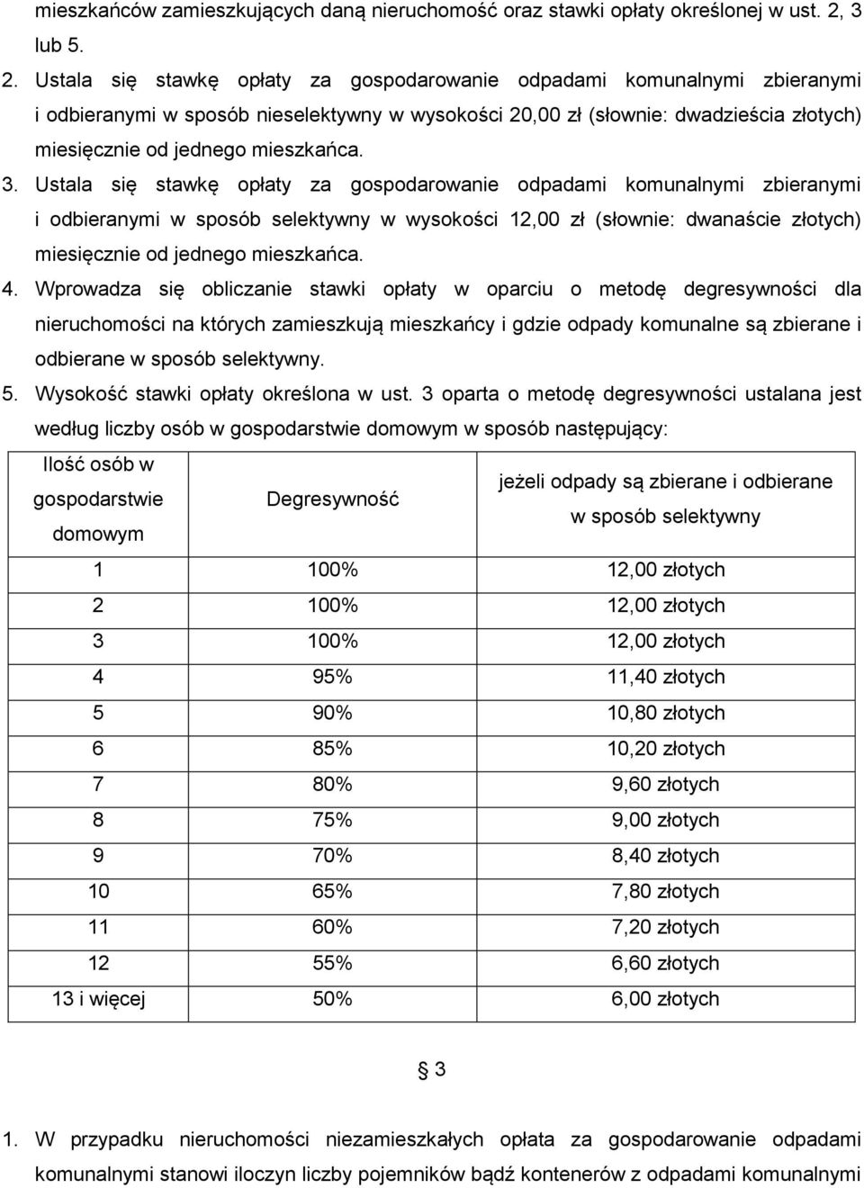 Ustala się stawkę opłaty za gospodarowanie odpadami komunalnymi zbieranymi i odbieranymi w sposób nieselektywny w wysokości 20,00 zł (słownie: dwadzieścia złotych) miesięcznie od jednego mieszkańca.