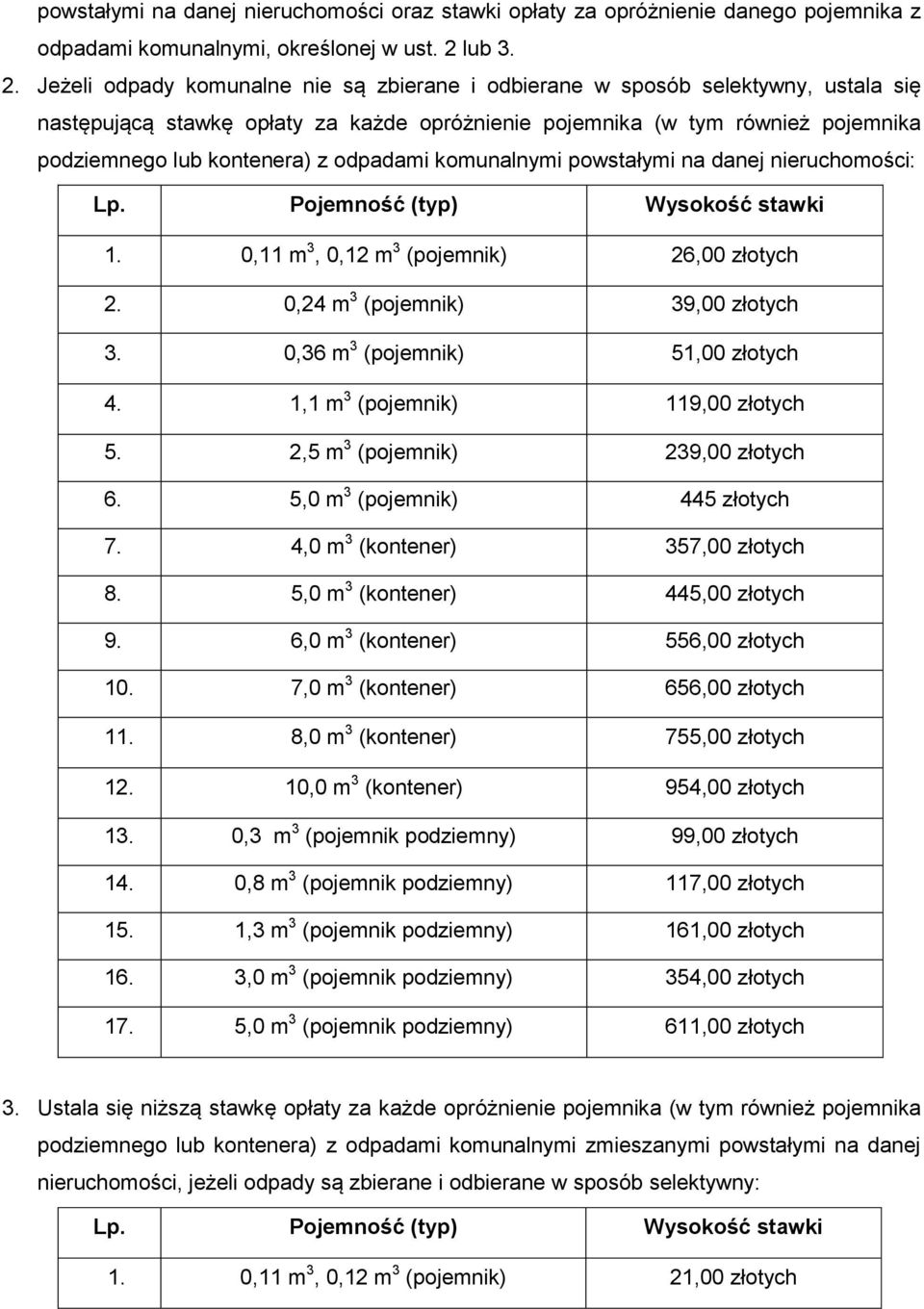 Jeżeli odpady komunalne nie są zbierane i odbierane w sposób selektywny, ustala się następującą stawkę opłaty za każde opróżnienie pojemnika (w tym również pojemnika podziemnego lub kontenera) z