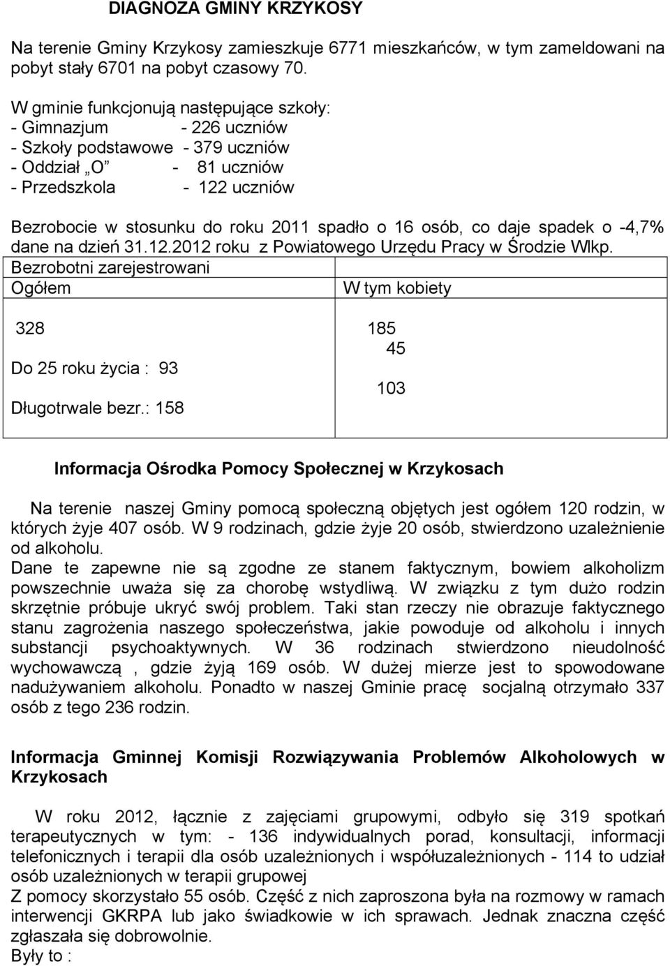 16 osób, co daje spadek o -4,7% dane na dzień 31.12.2012 roku z Powiatowego Urzędu Pracy w Środzie Wlkp. Bezrobotni zarejestrowani Ogółem W tym kobiety 328 Do 25 roku życia : 93 Długotrwale bezr.