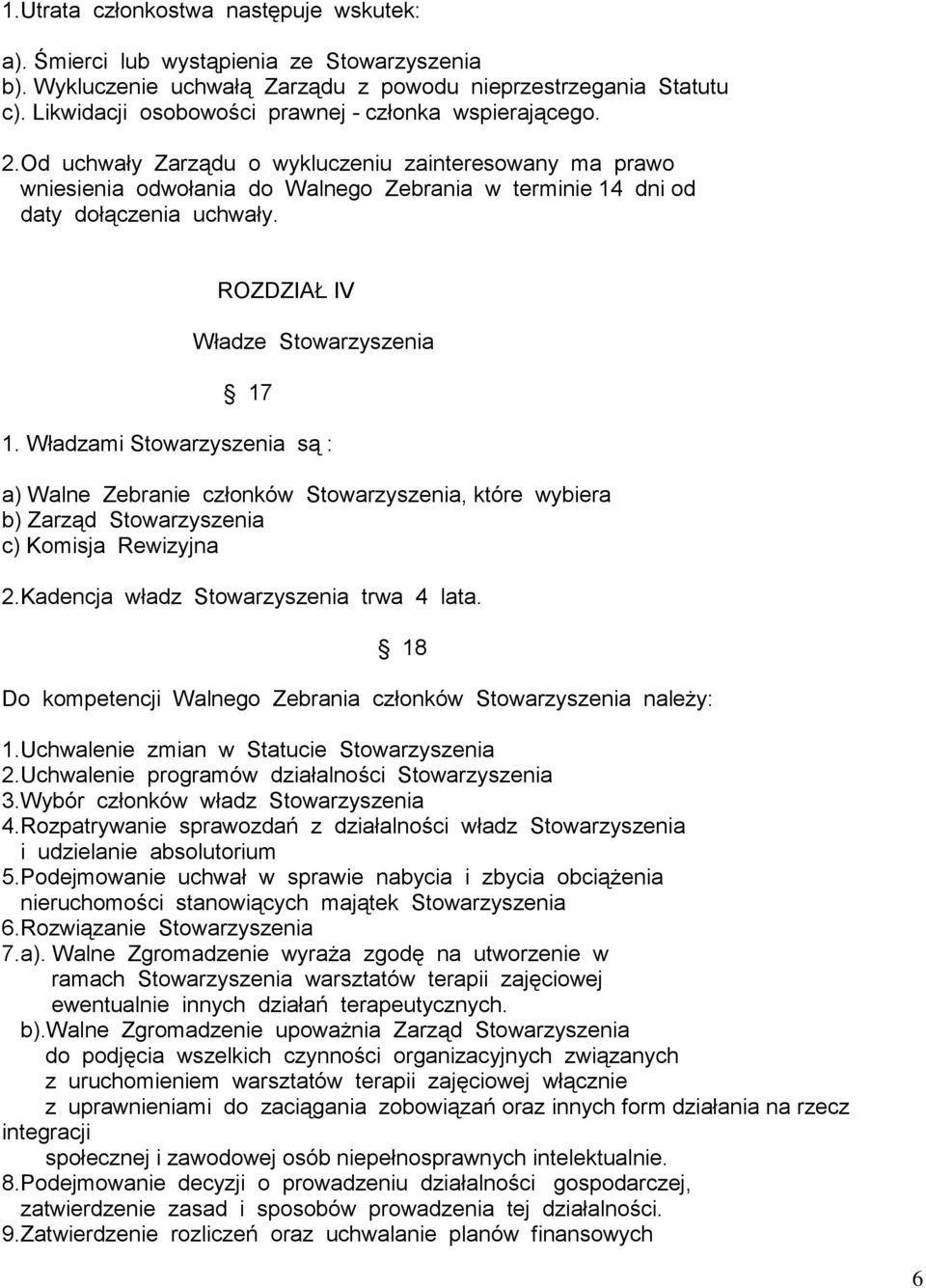 ROZDZIAŁ IV Władze Stowarzyszenia 17 1. Władzami Stowarzyszenia są : a) Walne Zebranie członków Stowarzyszenia, które wybiera b) Zarząd Stowarzyszenia c) Komisja Rewizyjna 2.