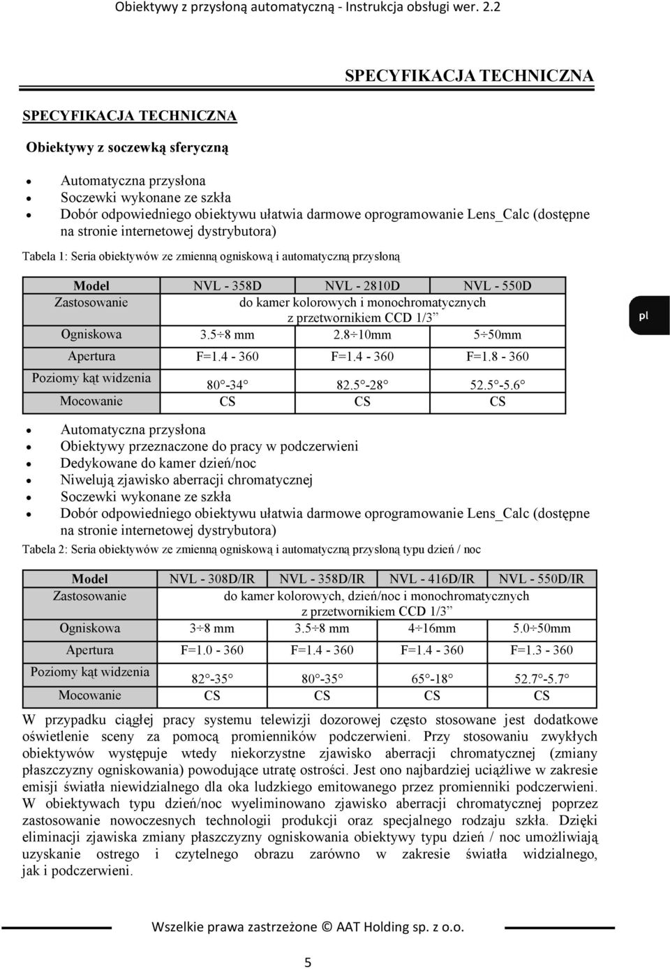 internetowej dystrybutora) Tabela 1: Seria obiektywów ze zmienną ogniskową i automatyczną przysłoną SPECYFIKACJA TECHNICZNA Model NVL - 358D NVL - 2810D NVL - 550D Zastosowanie do kamer kolorowych i