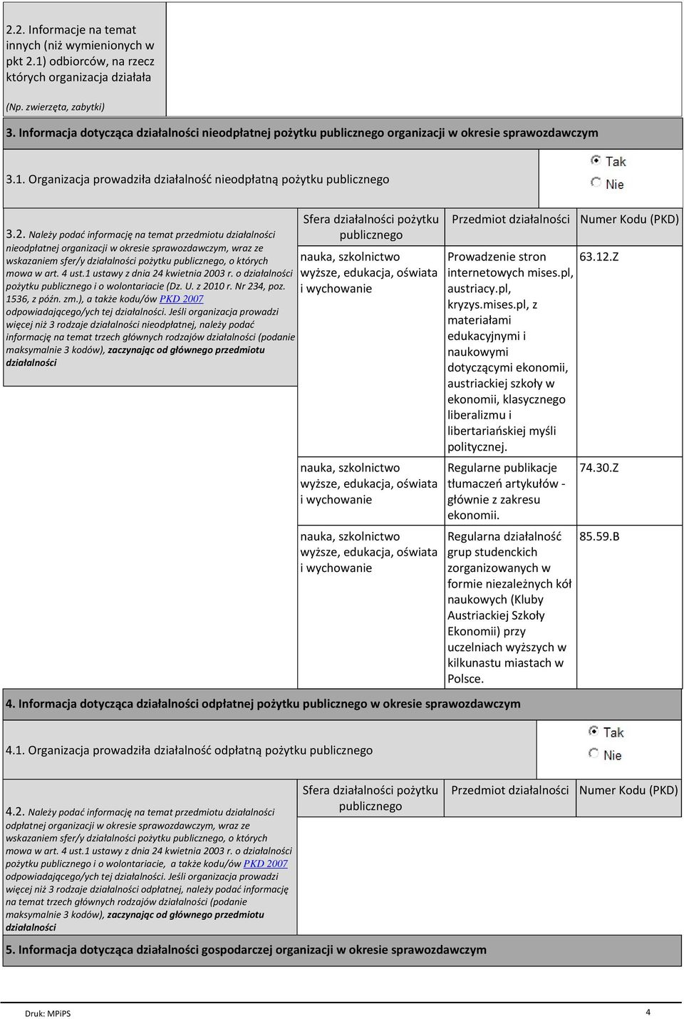 Należy podać informację na temat przedmiotu działalności nieodpłatnej organizacji w okresie sprawozdawczym, wraz ze wskazaniem sfer/y działalności pożytku publicznego, o których mowa w art. 4 ust.