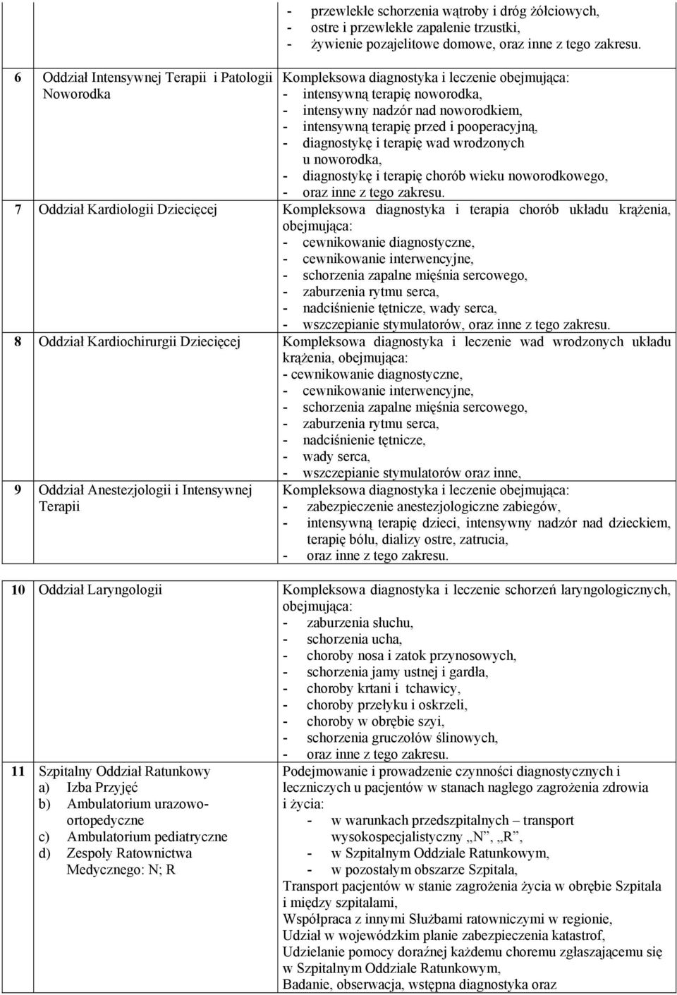 Kompleksowa diagnostyka i leczenie obejmująca: - intensywną terapię noworodka, - intensywny nadzór nad noworodkiem, - intensywną terapię przed i pooperacyjną, - diagnostykę i terapię wad wrodzonych u