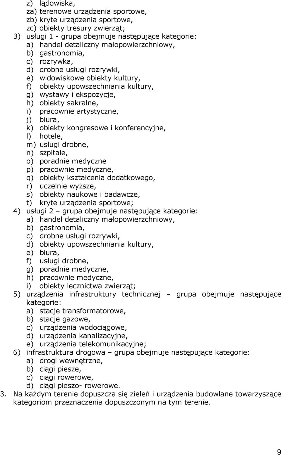 pracownie artystyczne, j) biura, k) obiekty kongresowe i konferencyjne, l) hotele, m) usługi drobne, n) szpitale, o) poradnie medyczne p) pracownie medyczne, q) obiekty kształcenia dodatkowego, r)