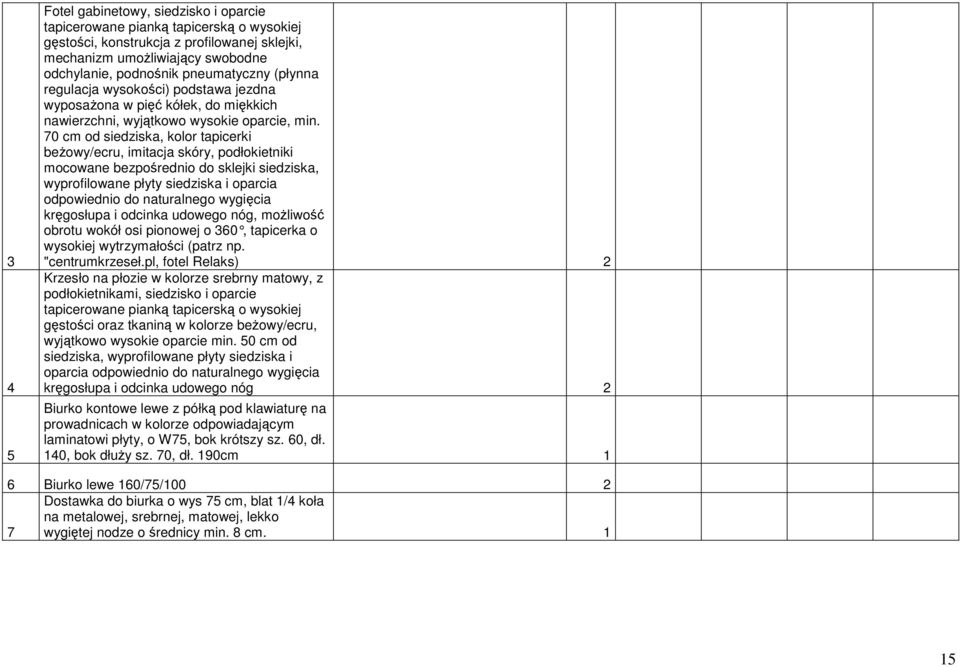 70 cm od siedziska, kolor tapicerki beŝowy/ecru, imitacja skóry, podłokietniki mocowane bezpośrednio do sklejki siedziska, wyprofilowane płyty siedziska i oparcia odpowiednio do naturalnego wygięcia