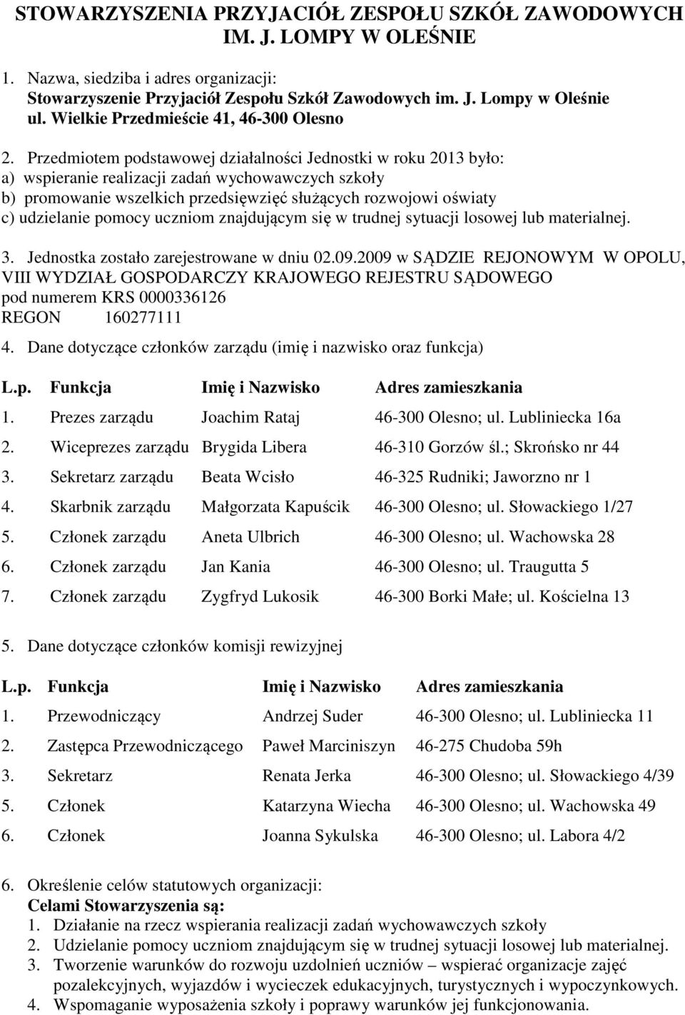 Przedmiotem podstawowej działalności Jednostki w roku 2013 było: a) wspieranie realizacji zadań wychowawczych szkoły b) promowanie wszelkich przedsięwzięć służących rozwojowi oświaty c) udzielanie