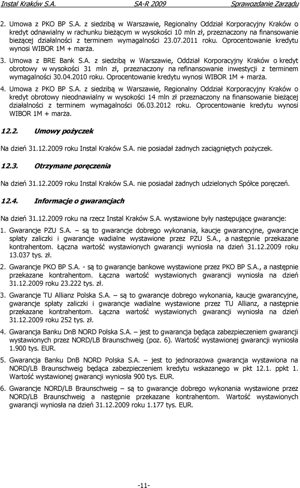 wymagalności 23.07.2011 roku. Oprocentowanie kredytu wynosi WIBOR 1M + marża. 3. Umowa z BRE Bank S.A.