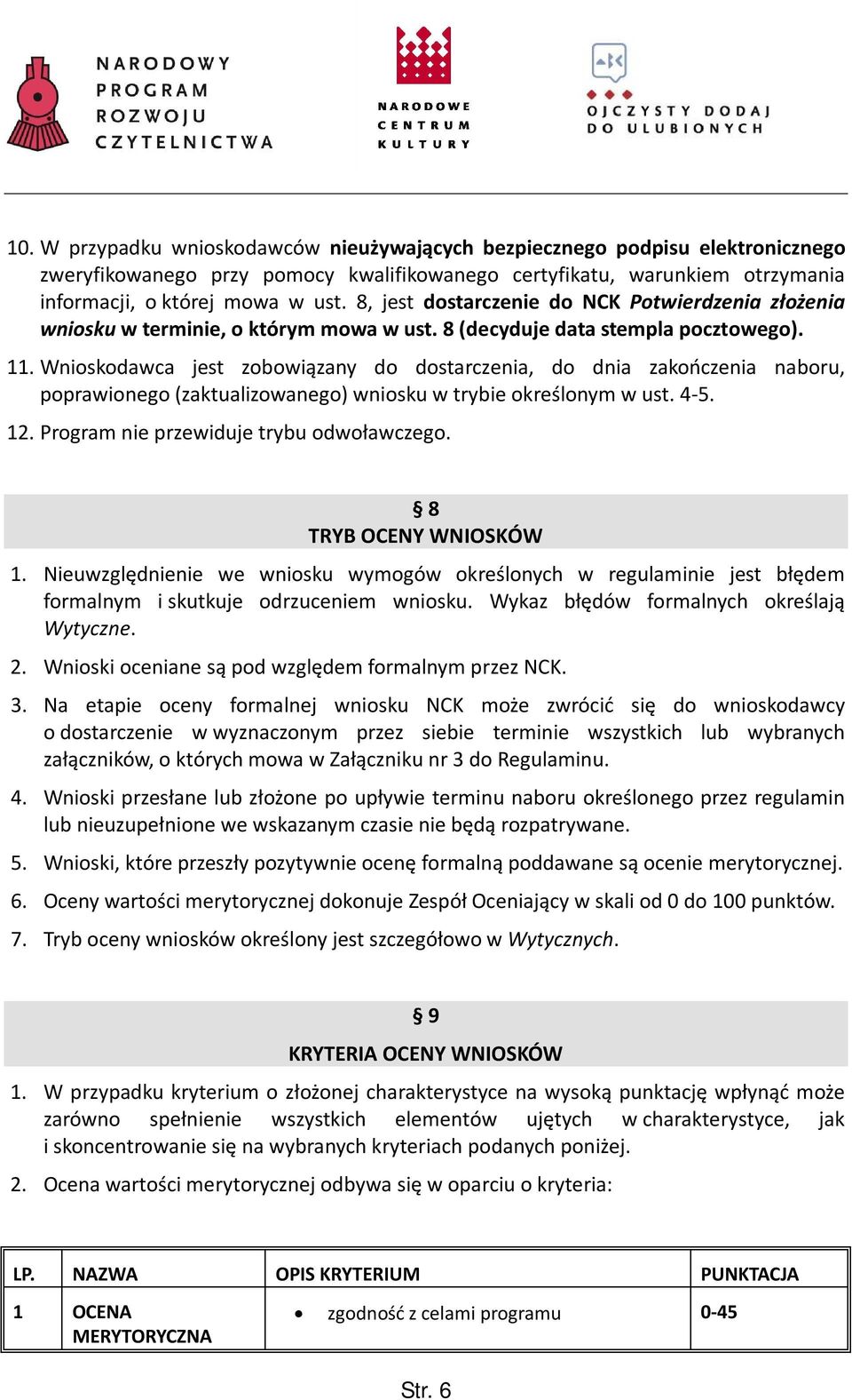 Wnioskodawca jest zobowiązany do dostarczenia, do dnia zakończenia naboru, poprawionego (zaktualizowanego) wniosku w trybie określonym w ust. 4-5. 12. Program nie przewiduje trybu odwoławczego.