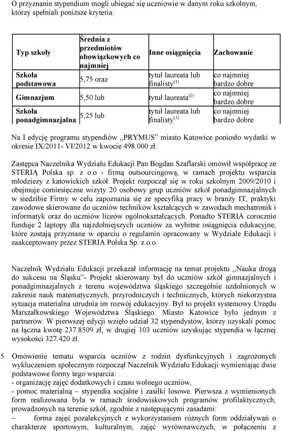 (3) bardzo dobre co najmniej bardzo dobre Na I edycję programu stypendiów,,prymus miasto Katowice poniosło wydatki w okresie IX/2011- VI/2012 w kwocie 498.000 zł.