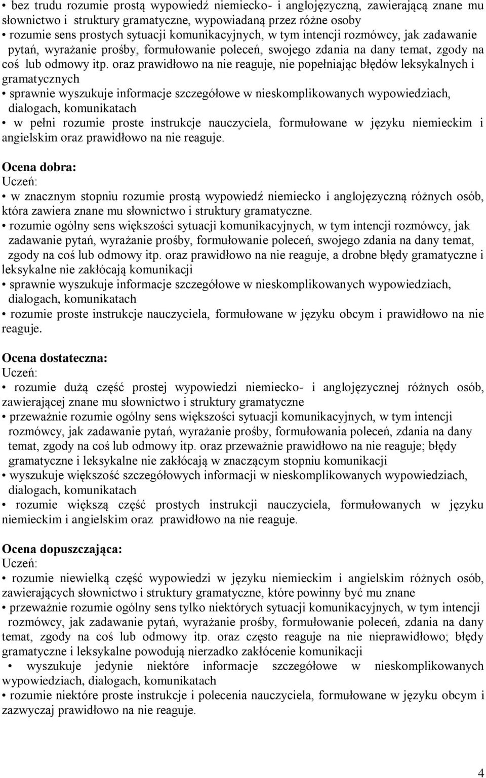 oraz prawidłowo na nie reaguje, nie popełniając błędów leksykalnych i gramatycznych sprawnie wyszukuje informacje szczegółowe w nieskomplikowanych wypowiedziach, dialogach, komunikatach w pełni