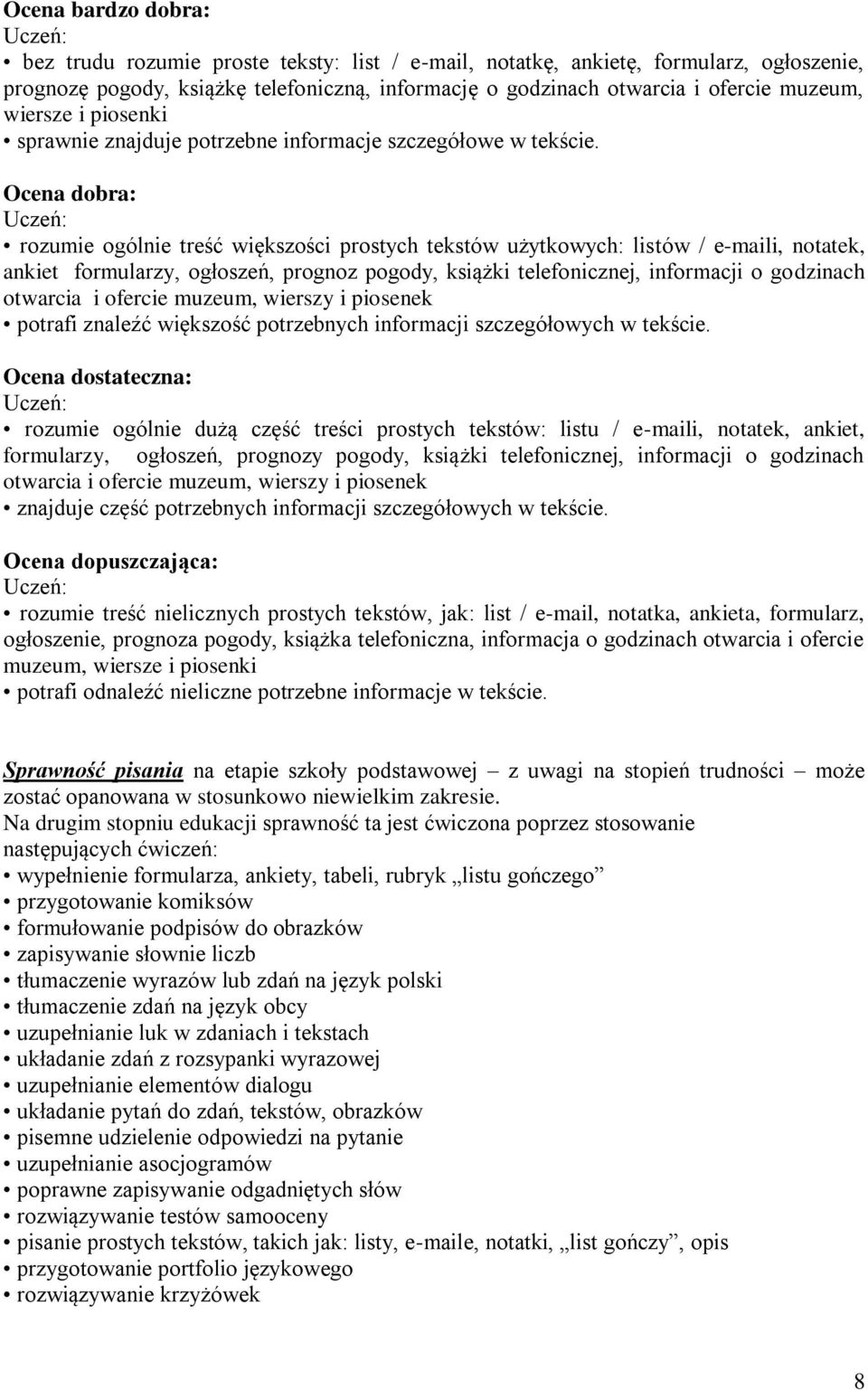 Ocena dobra: rozumie ogólnie treść większości prostych tekstów użytkowych: listów / e-maili, notatek, ankiet formularzy, ogłoszeń, prognoz pogody, książki telefonicznej, informacji o godzinach