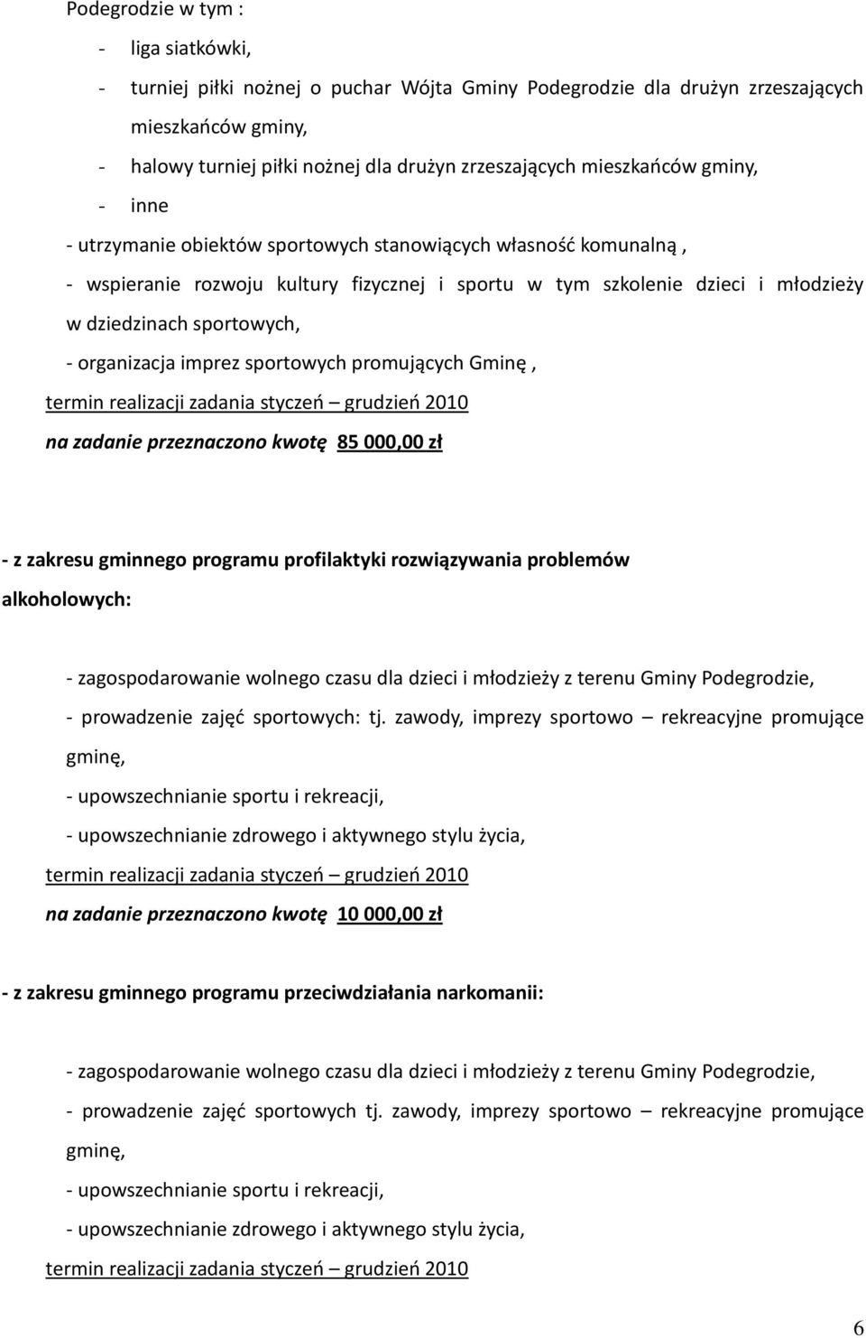 sportowych, - organizacja imprez sportowych promujących Gminę, termin realizacji zadania styczeo grudzieo 2010 na zadanie przeznaczono kwotę 85 000,00 zł - z zakresu gminnego programu profilaktyki