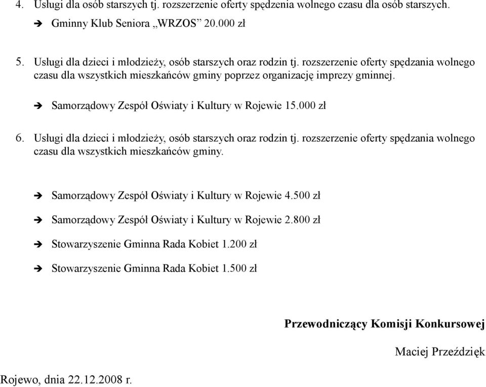 Samorządowy Zespół 5.000 zł 6. Usługi dla dzieci i młodzieży, osób starszych oraz rodzin tj. rozszerzenie oferty spędzania wolnego czasu dla wszystkich mieszkańców gminy.