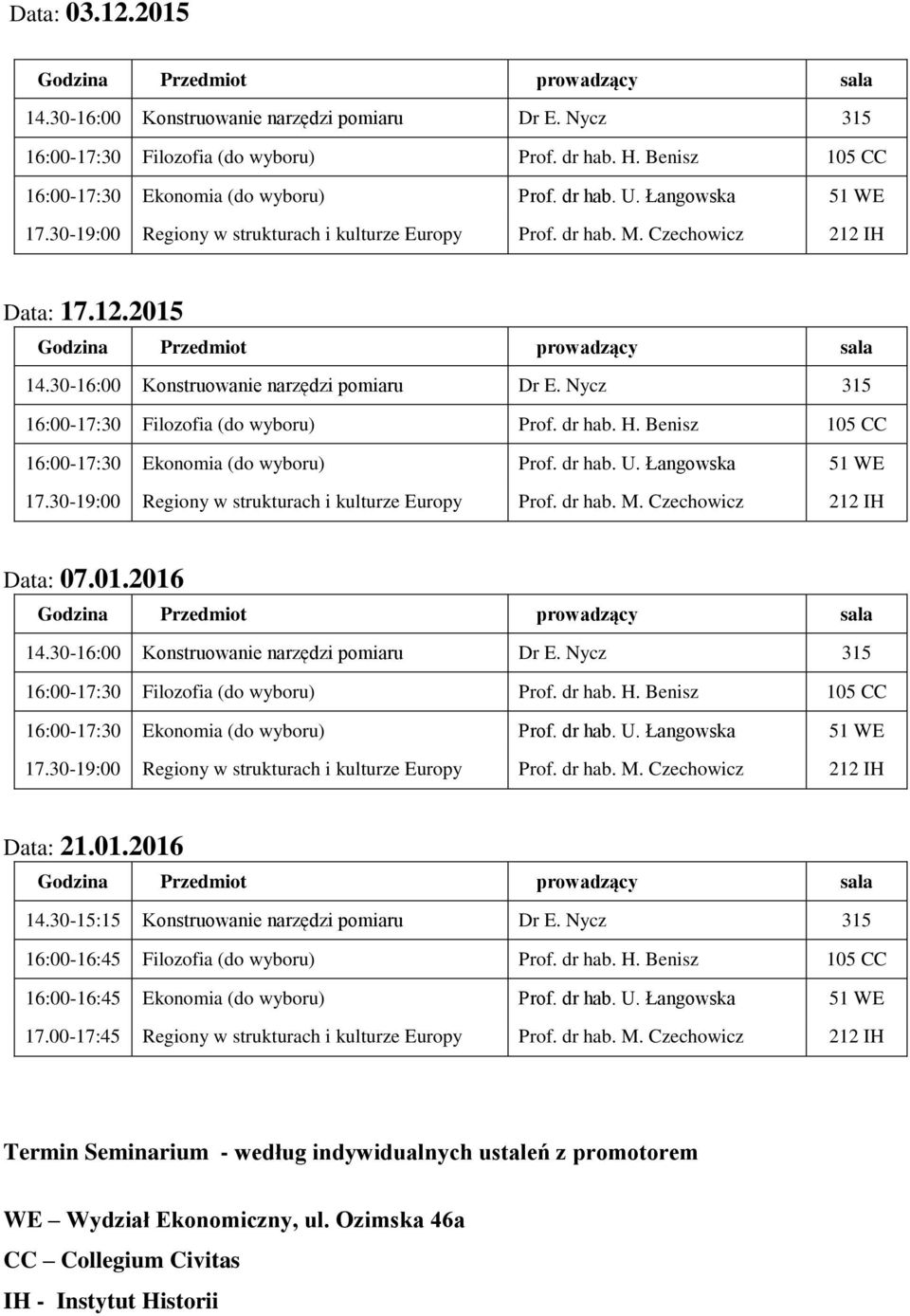 Łangowska 51 WE 17.00-17:45 Regiony w strukturach i kulturze Europy Prof. dr hab. M.