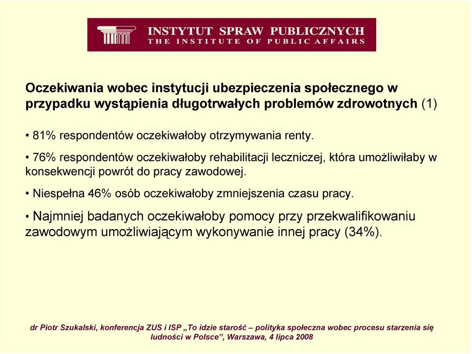 76% respondentów oczekiwałoby rehabilitacji leczniczej, która umoŝliwiłaby w konsekwencji powrót do pracy zawodowej.