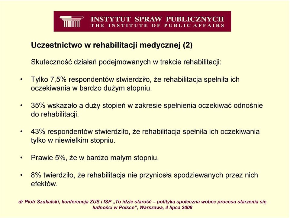 35% wskazało a duŝy stopień w zakresie spełnienia oczekiwać odnośnie do rehabilitacji.