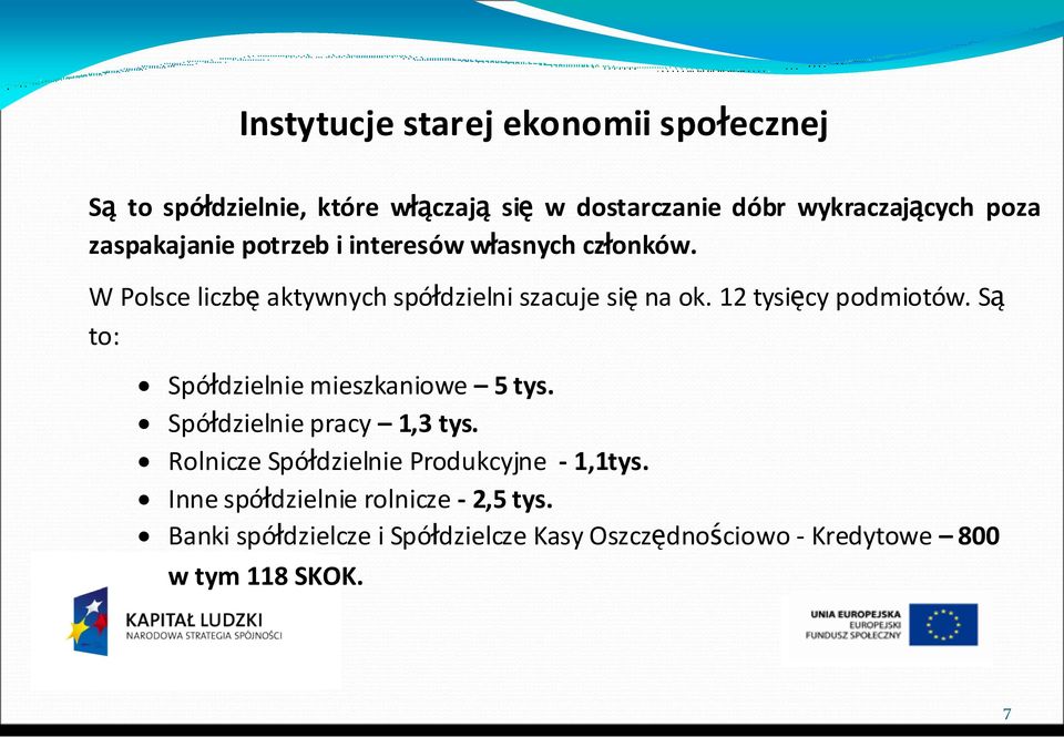 12 tysięcy podmiotów. Są to: Spółdzielnie mieszkaniowe 5 tys. Spółdzielnie pracy 1,3 tys.