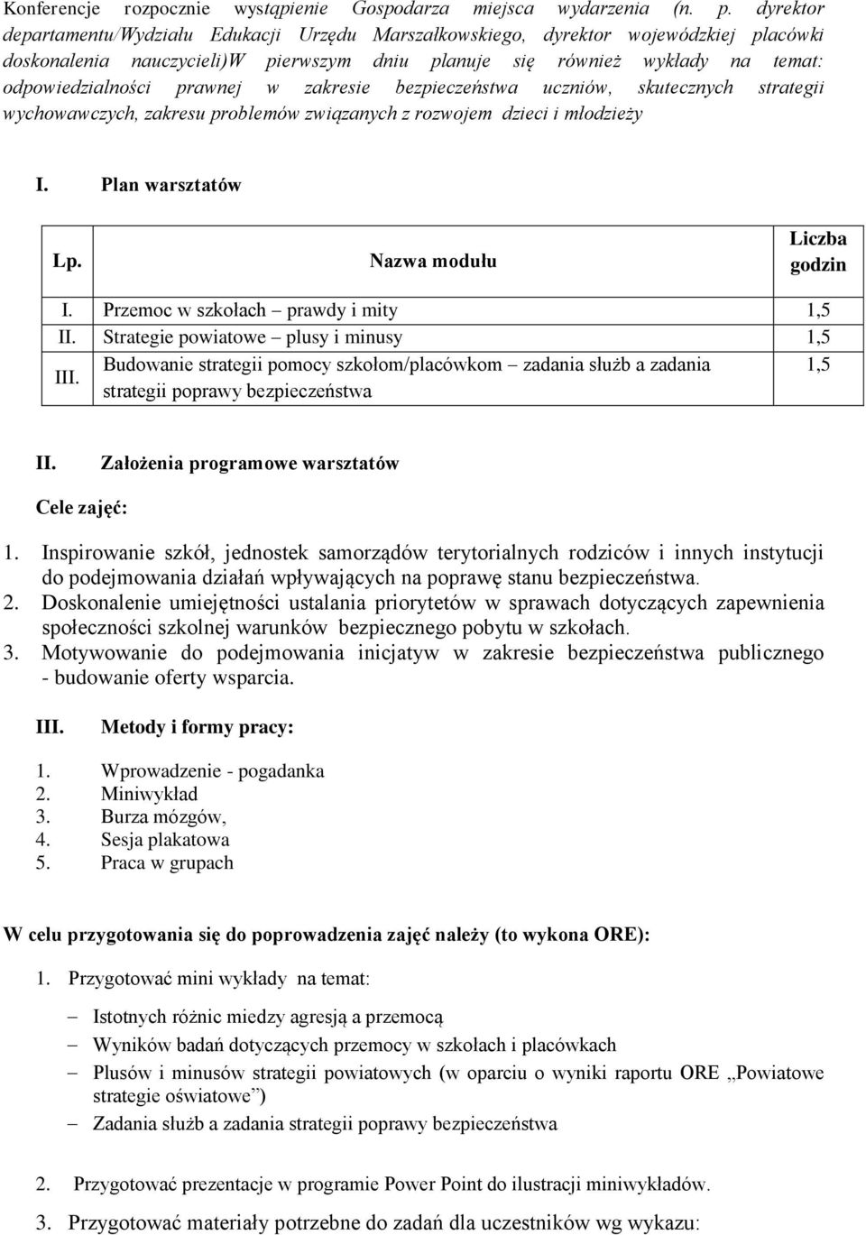 prawnej w zakresie bezpieczeństwa uczniów, skutecznych strategii wychowawczych, zakresu problemów związanych z rozwojem dzieci i młodzieży I. Plan warsztatów Lp. Nazwa modułu Liczba godzin I.