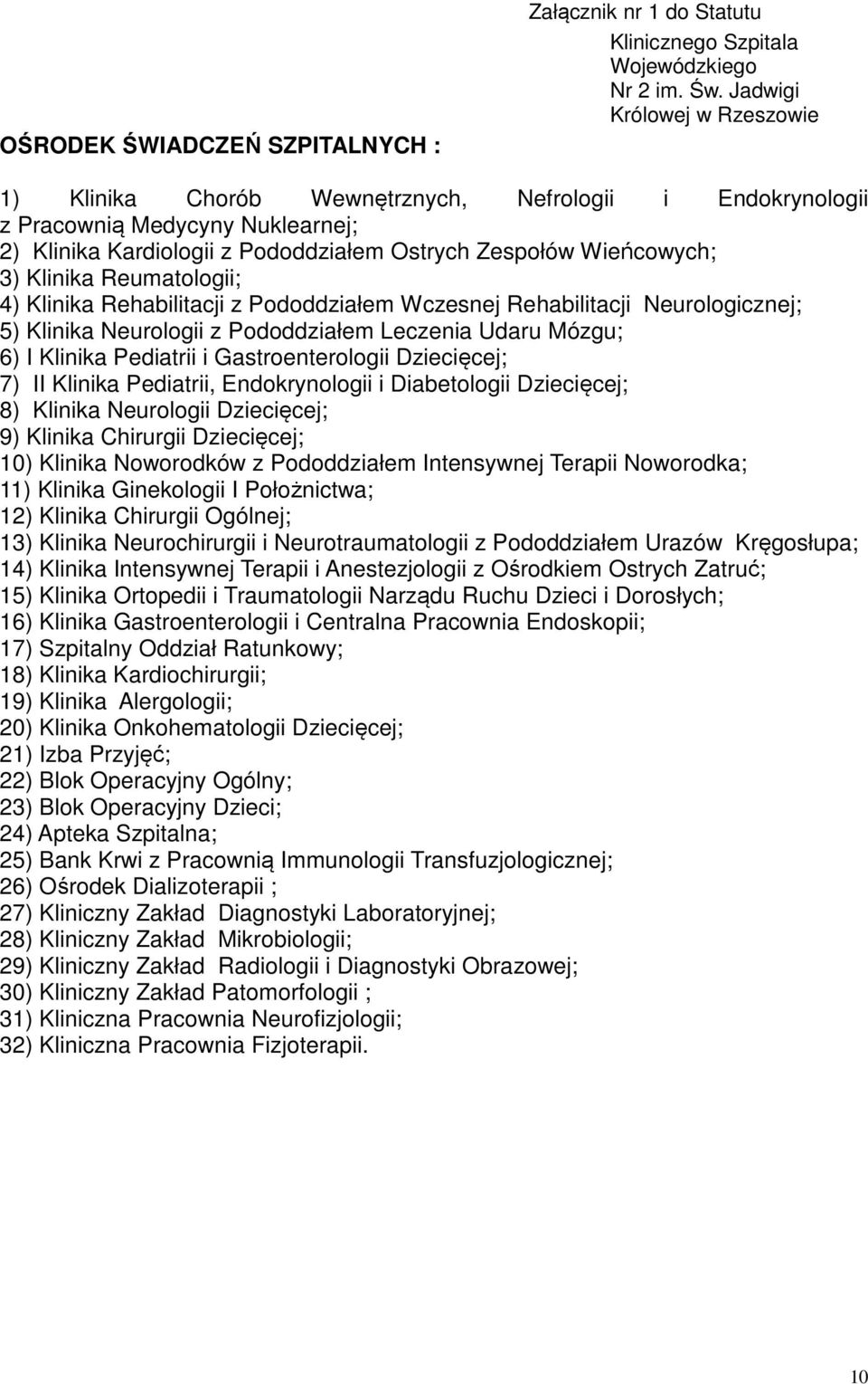 Reumatologii; 4) Klinika Rehabilitacji z Pododdziałem Wczesnej Rehabilitacji Neurologicznej; 5) Klinika Neurologii z Pododdziałem Leczenia Udaru Mózgu; 6) I Klinika Pediatrii i Gastroenterologii