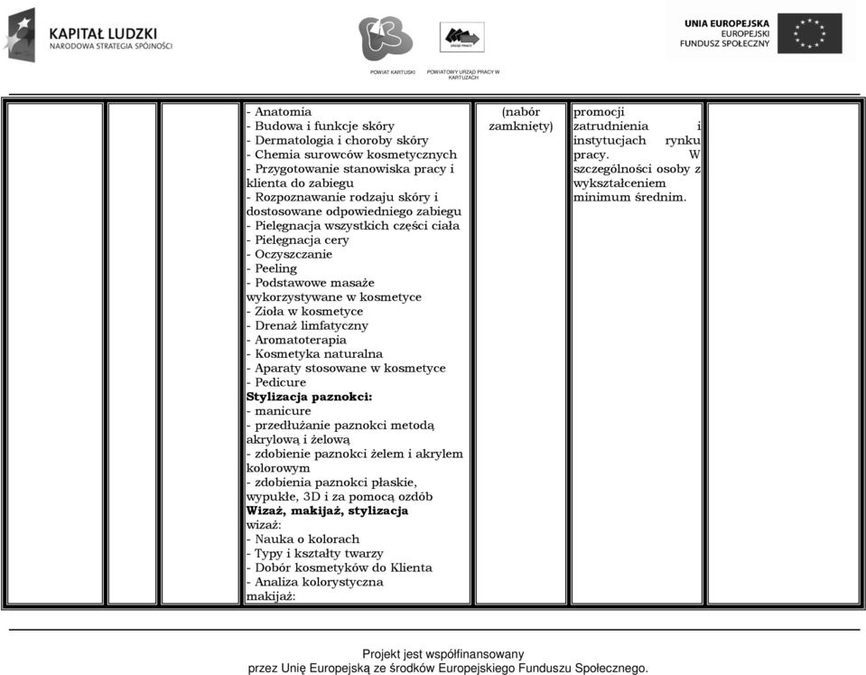 Aromatoterapia - Kosmetyka naturalna - Aparaty stosowane w kosmetyce - Pedicure Stylizacja paznokci: - manicure - przedłużanie paznokci metodą akrylową i żelową - zdobienie paznokci żelem i akrylem