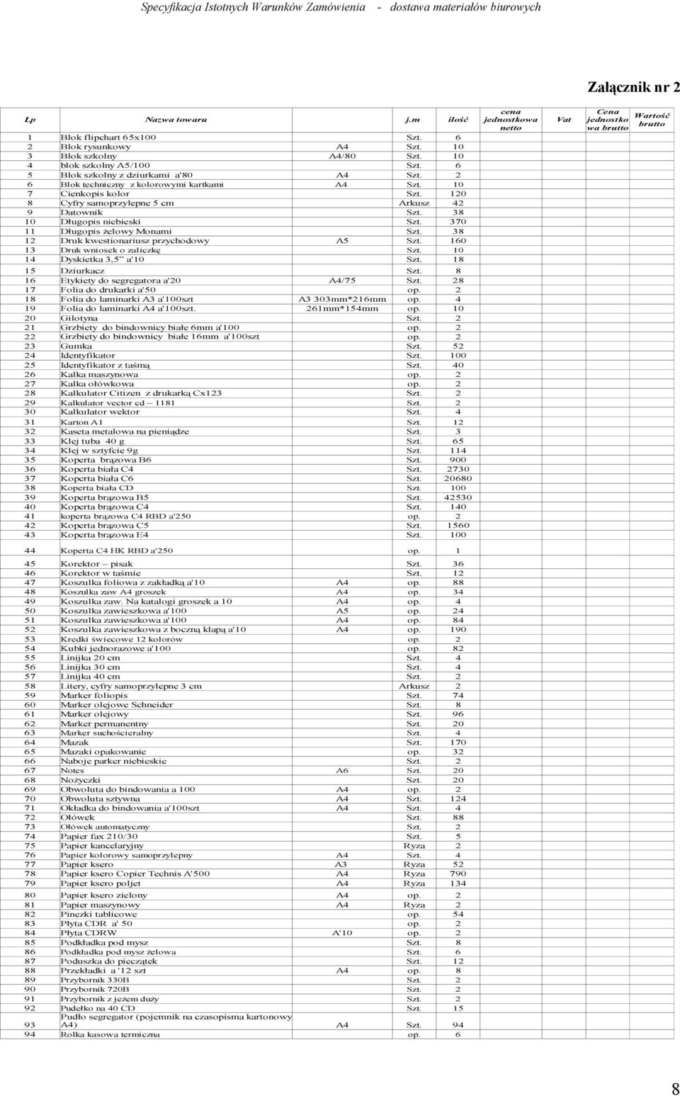 38 10 Długopis niebieski Szt. 370 11 Długopis żelowy Monami Szt. 38 12 Druk kwestionariusz przychodowy A5 Szt. 160 13 Druk wniosek o zaliczkę Szt. 10 14 Dyskietka 3,5 a'10 Szt. 18 15 Dziurkacz Szt.