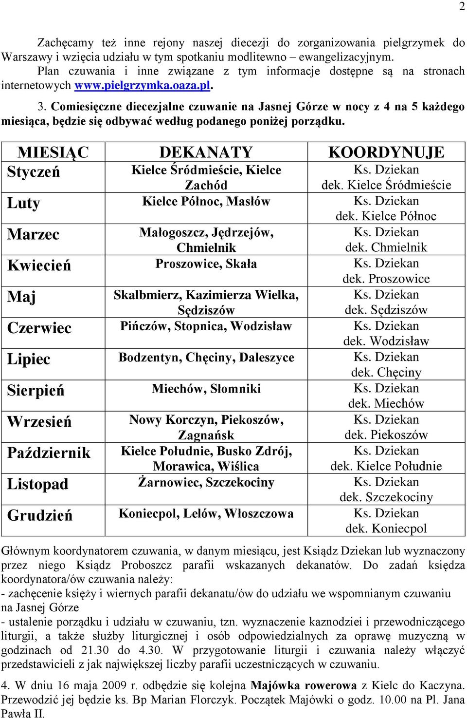 Comiesięczne diecezjalne czuwanie na Jasnej Górze w nocy z 4 na 5 każdego miesiąca, będzie się odbywać według podanego poniżej porządku. MIESIĄC DEKANATY KOORDYNUJE Styczeń Ks. Dziekan dek.