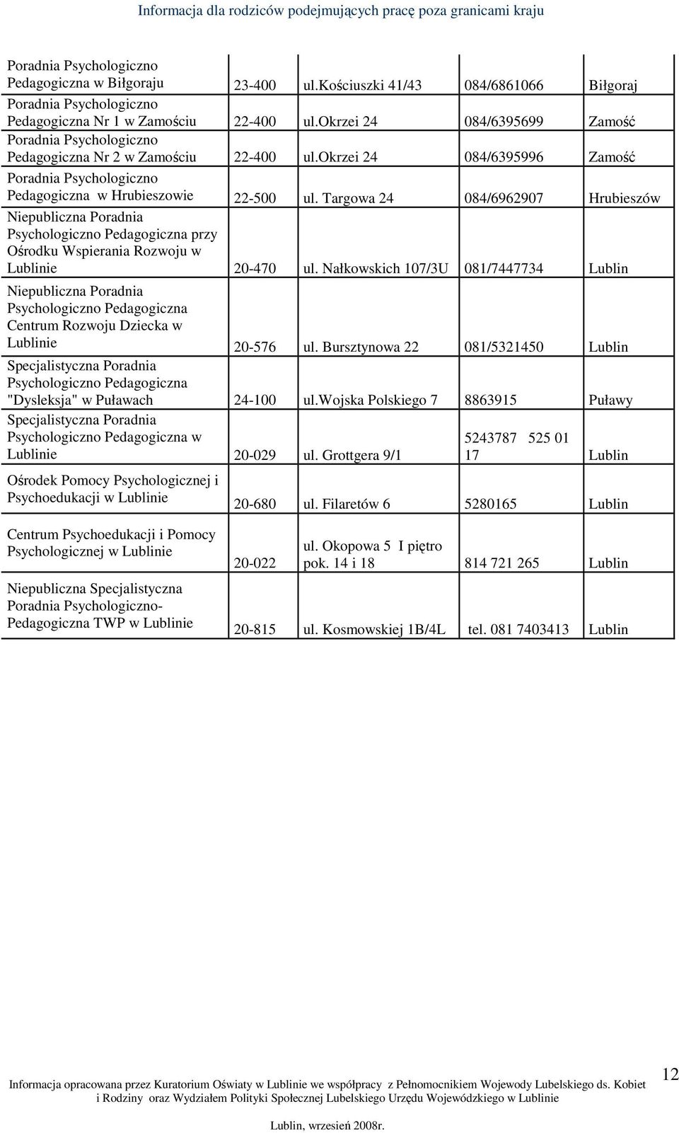 Targowa 24 084/6962907 Hrubieszów Niepubliczna Poradnia Psychologiczno Pedagogiczna przy Ośrodku Wspierania Rozwoju w Lublinie 20-470 ul.