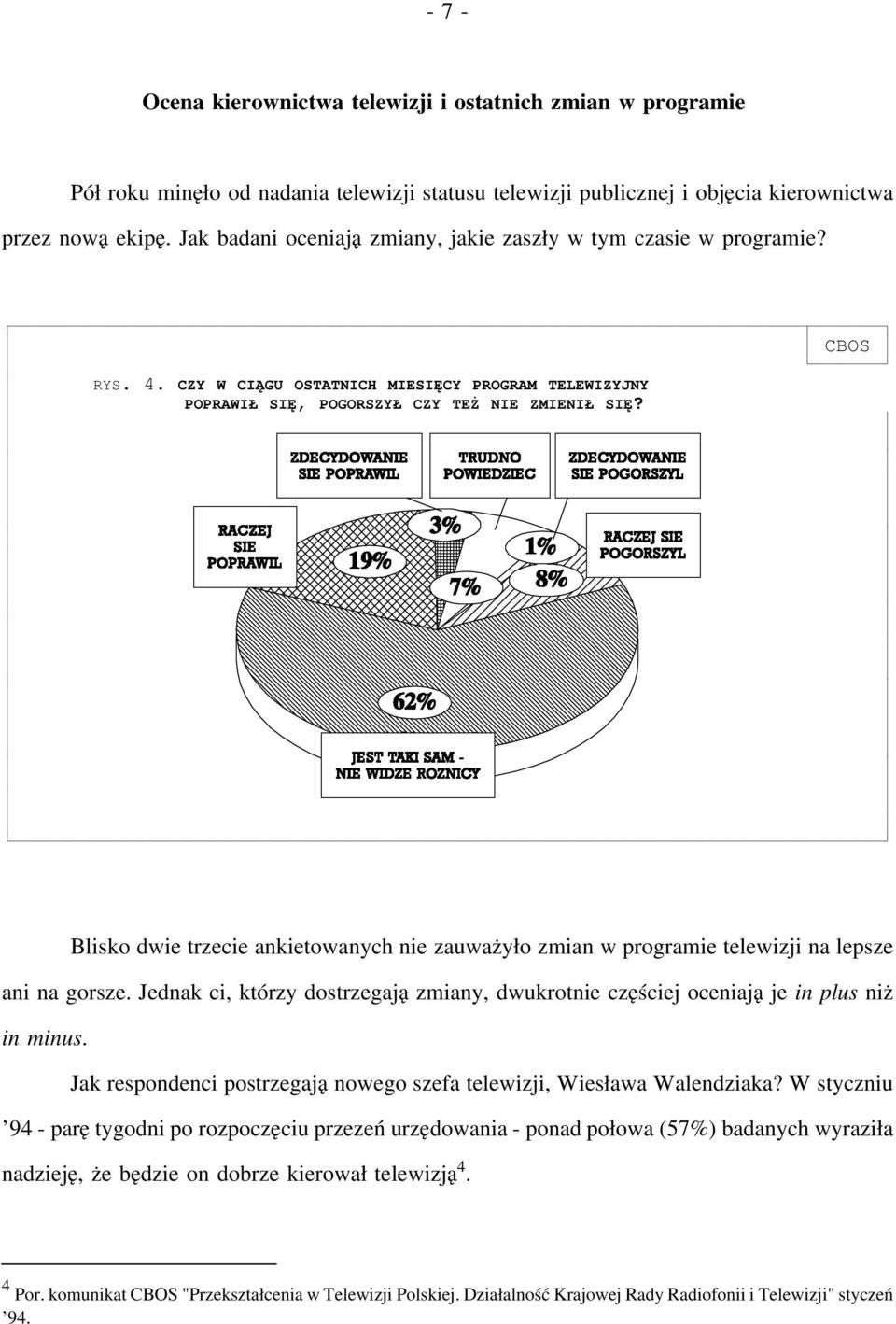 Blisko dwie trzecie ankietowanych nie zauważyło zmian w programie telewizji na lepsze ani na gorsze. Jednak ci, którzy dostrzegają zmiany, dwukrotnie częściej oceniają jein plus niż in minus.