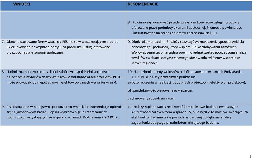 Obecnie stosowane formy wsparcia PES nie są w wystarczającym stopniu ukierunkowane na wsparcie popytu na produkty i usługi oferowane przez podmioty ekonomii społecznej. 8.