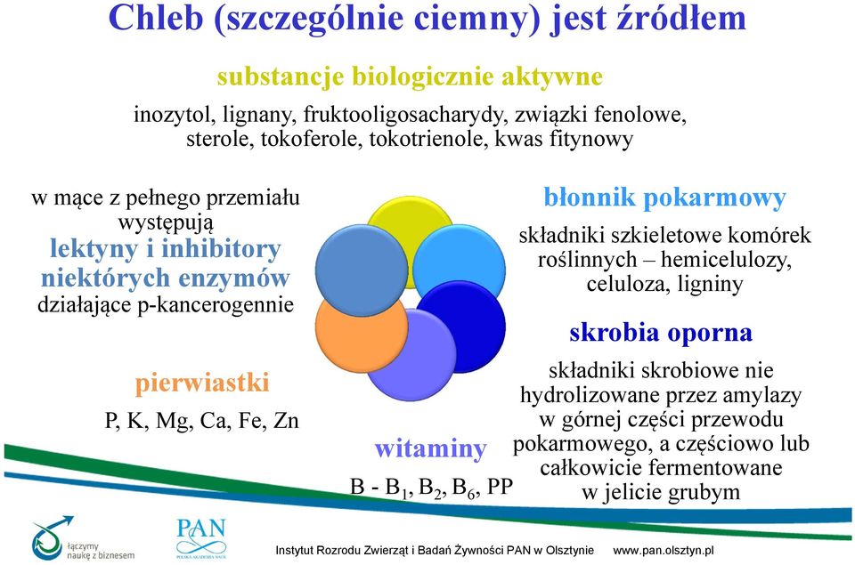 pierwiastki P, K, Mg, Ca, Fe, Zn błonnik pokarmowy składniki szkieletowe komórek roślinnych hemicelulozy, celuloza, ligniny skrobia oporna składniki