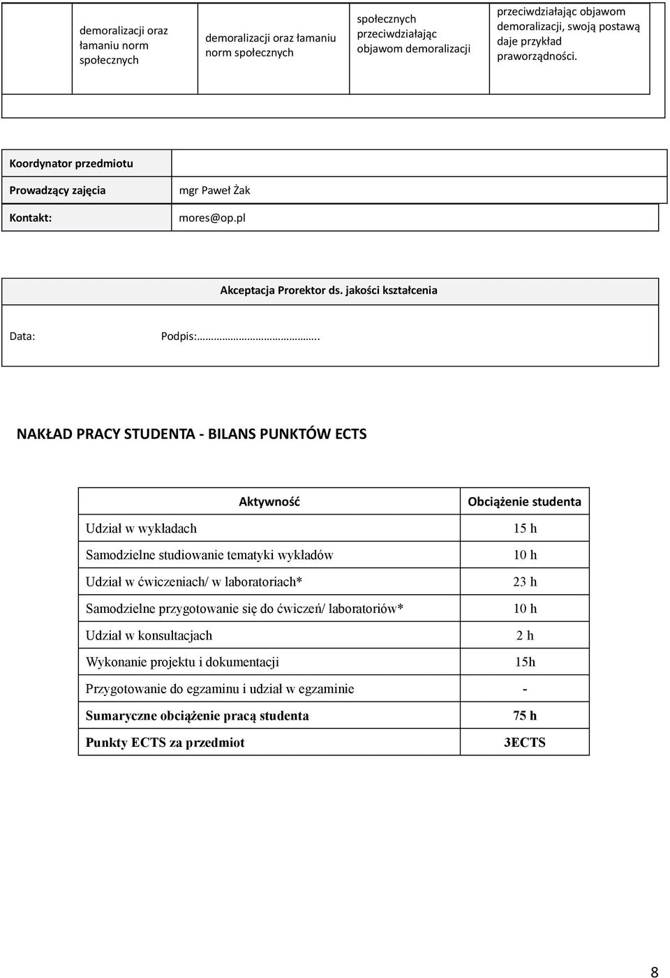 . NAKŁAD PRACY STUDENTA - BILANS PUNKTÓW ECTS Aktywność Obciążenie studenta Udział w wykładach Samodzielne studiowanie tematyki wykładów Udział w ćwiczeniach/ w laboratoriach* Samodzielne