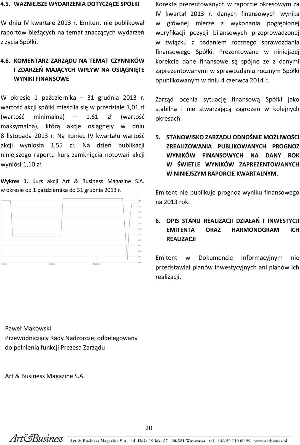 wartość akcji spółki mieściła się w przedziale 1,01 zł (wartość minimalna) 1,61 zł (wartość maksymalna), którą akcje osiągnęły w dniu 8 listopada 2013 r.