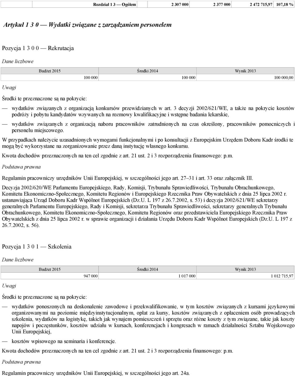 3 decyzji 2002/621/WE, a także na pokrycie kosztów podróży i pobytu kandydatów wzywanych na rozmowy kwalifikacyjne i wstępne badania lekarskie, wydatków związanych z organizacją naboru pracowników