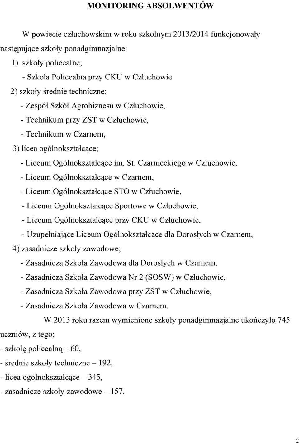 Czarnieckiego w, - Liceum Ogólnokształcące w Czarnem, - Liceum Ogólnokształcące STO w, - Liceum Ogólnokształcące Sportowe w, - Liceum Ogólnokształcące przy CKU w, - Uzupełniające Liceum